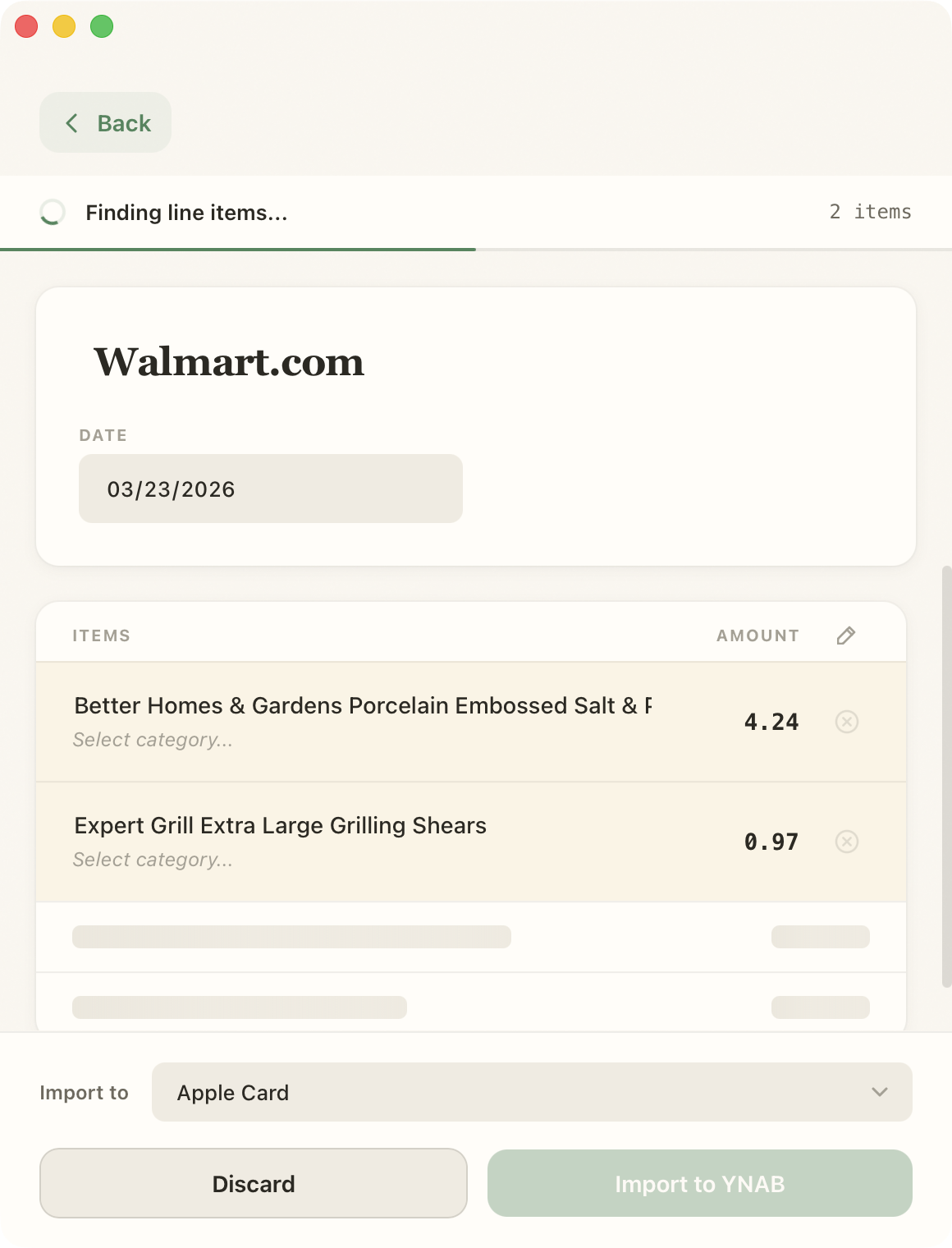 Receipt detail view for Walmart.com mid-processing: the header reads "Finding line items..." with a progress bar, the date is already populated, two extracted line items are visible with category dropdowns awaiting selection, and gray skeleton placeholders mark items still loading.
