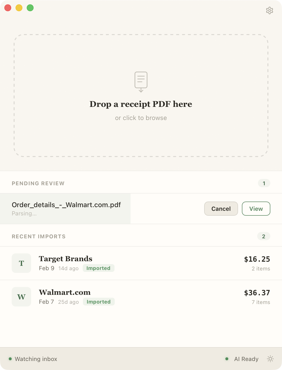 Main app window with a Pending Review item showing a Walmart order labeled "Parsing..." with Cancel and View buttons, while two completed imports — Target Brands and Walmart.com — sit below in Recent Imports. A "Watching inbox" indicator and "AI Ready" status appear in the footer.