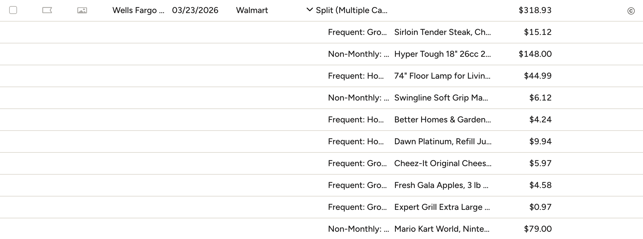 A single $318.93 Walmart transaction in YNAB, expanded into eleven subtransactions — Sirloin Tender Steak, a Hyper Tough mower, a 74" floor lamp, Cheez-Its, Gala apples, Mario Kart World, and more — each assigned to its own category such as Frequent: Groceries, Frequent: Home Goods, and Non-Monthly.
